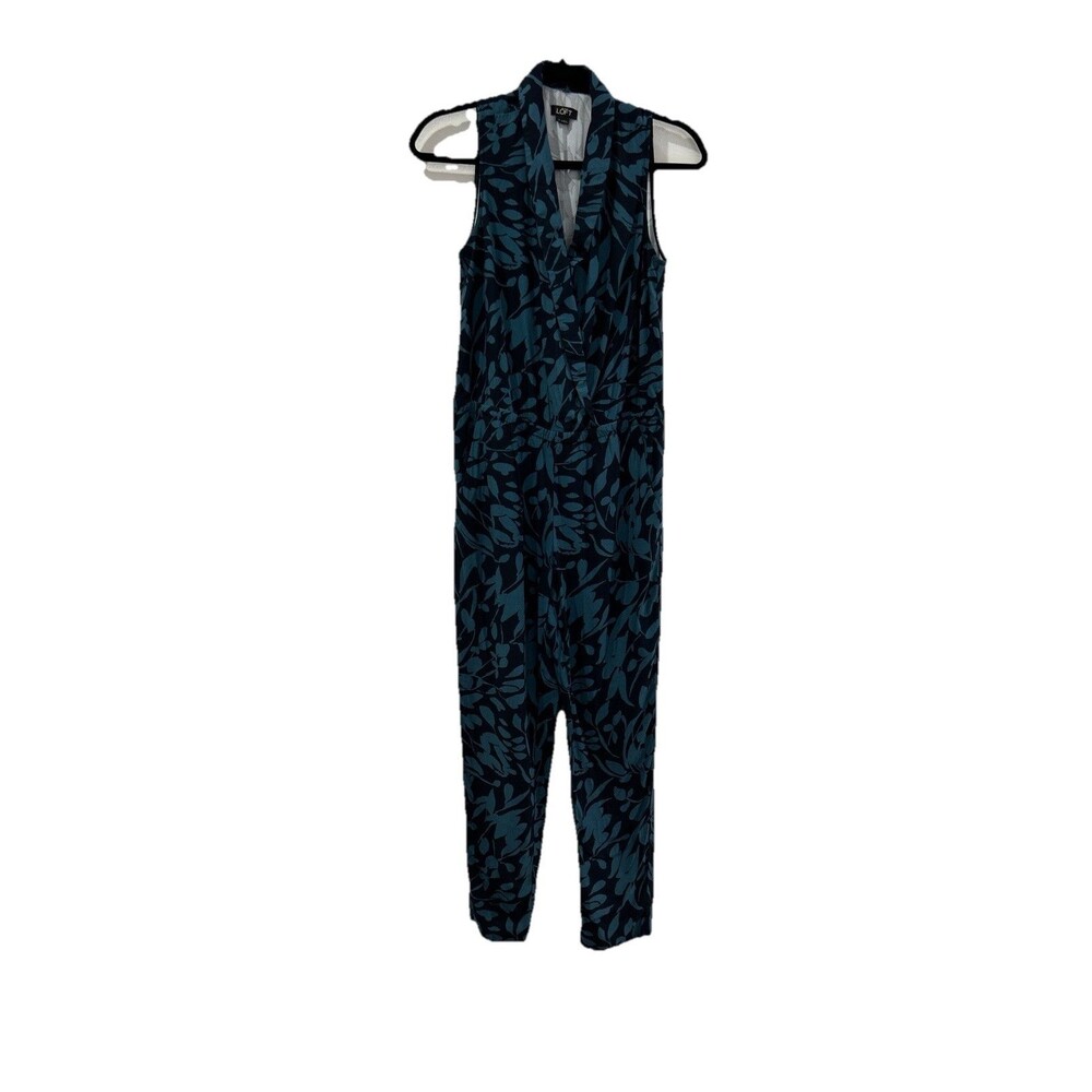 Ann Taylor Loft Womens Size 2 Jumpsuit Navy Teal Floral Sleeveless V Neck